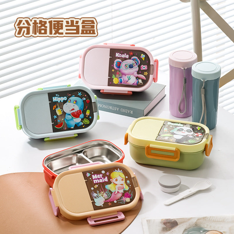 304 Stainless Steel Student Lunch Box, Cartoon Compartment Sealed Meal Container, Microwave-Safe Bento Box with Large Capacity