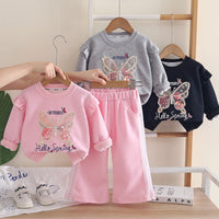 Girls' 2026 New Spring and Autumn Outfit, Stylish Baby Girl Fall Clothes, Korean Style Butterfly Sweatshirt Two-Piece Set, Trendy Wholesale