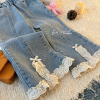 Fashionable Spring New Style Girls' Jeans, Spring Lace-Trimmed Flared Pants, Stylish and Versatile Jeans