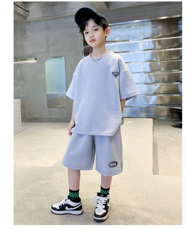 New Summer Boys Clothes Sets Teen Short Sweatshirt + Pants Children Clothing Solid Kids Boy Sport Suits 4 6 8 10 12 14 Years