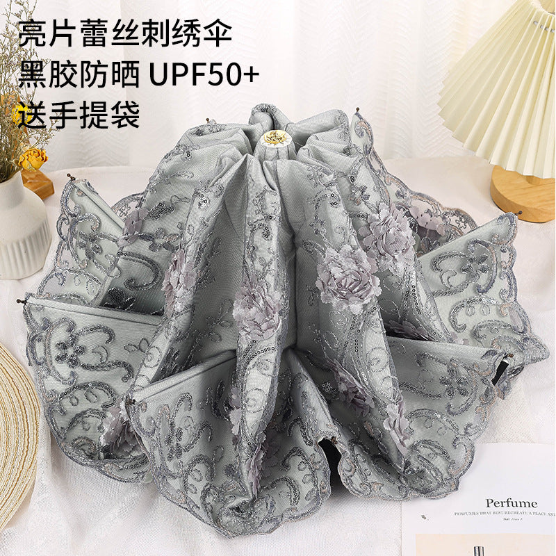 Lace embroidery umbrella goddess double-layer embroidery sun protection UV protection three-fold sun umbrella sunny and rainy dual-use factory direct sales