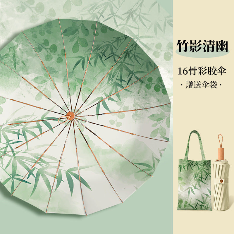 Vintage High-Appearance Student Manual  Three-Fold 16-Rib Sun Protection Uv-Resistant Dual-Use Umbrella for Sun and Rain, Foldable Sunshade Umbrella for Women