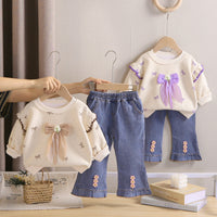 Girls 2025 Spring and Autumn Full Printed Bow Suit Baby Girl Jeans Long Sleeve Two-Piece Set Baby Trend