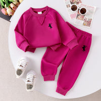 Amazon Cross-Border European and American Children's Clothing Set, Solid Color Knitted Ribbed Long-Sleeve Sweatshirt and Sweatpants Two-Piece Set for Young Children