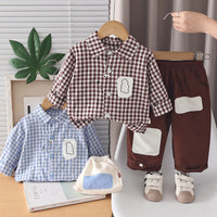 Children's Autumn Plaid Shirt Two-Piece Set Korean Style Toddler Patch Pocket Shirt Boys' Spring and Autumn Long Sleeve Outfit