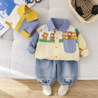 Children's Clothing 2025 Korean Style Spring Boy's Bear Shirt Two-Piece Long-Sleeved Jeans Children's suit Hair
