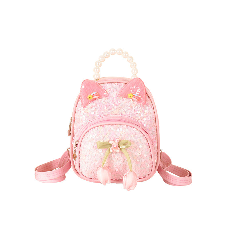 Children's Sequin Bag with Cartoon Bow, Stylish Princess Pu Accessory Bag, Snack Bag, Travel Backpack for Girls Aged 3-5 Years Old