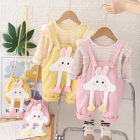 Free Shipping Yikids Girls Cute Soft Cute Strap Trousers suit Baby Girl Cartoon Two-piece Set