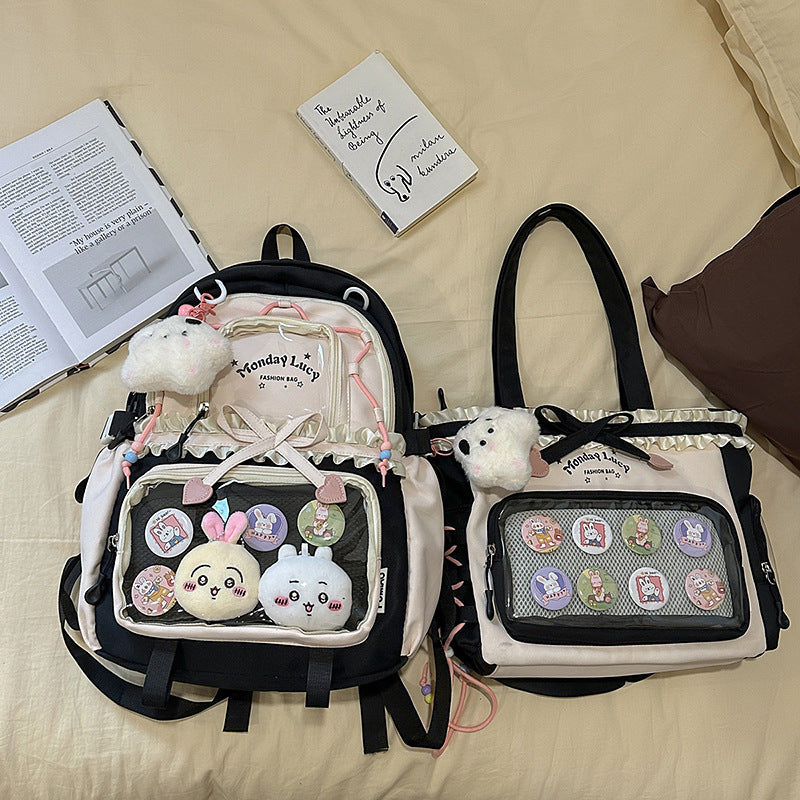 New Style Schoolbag Women's High Color Value Contrast College Style Junior Senior high school Student Backpack Ballet Style Pleated Lace Pain Bag