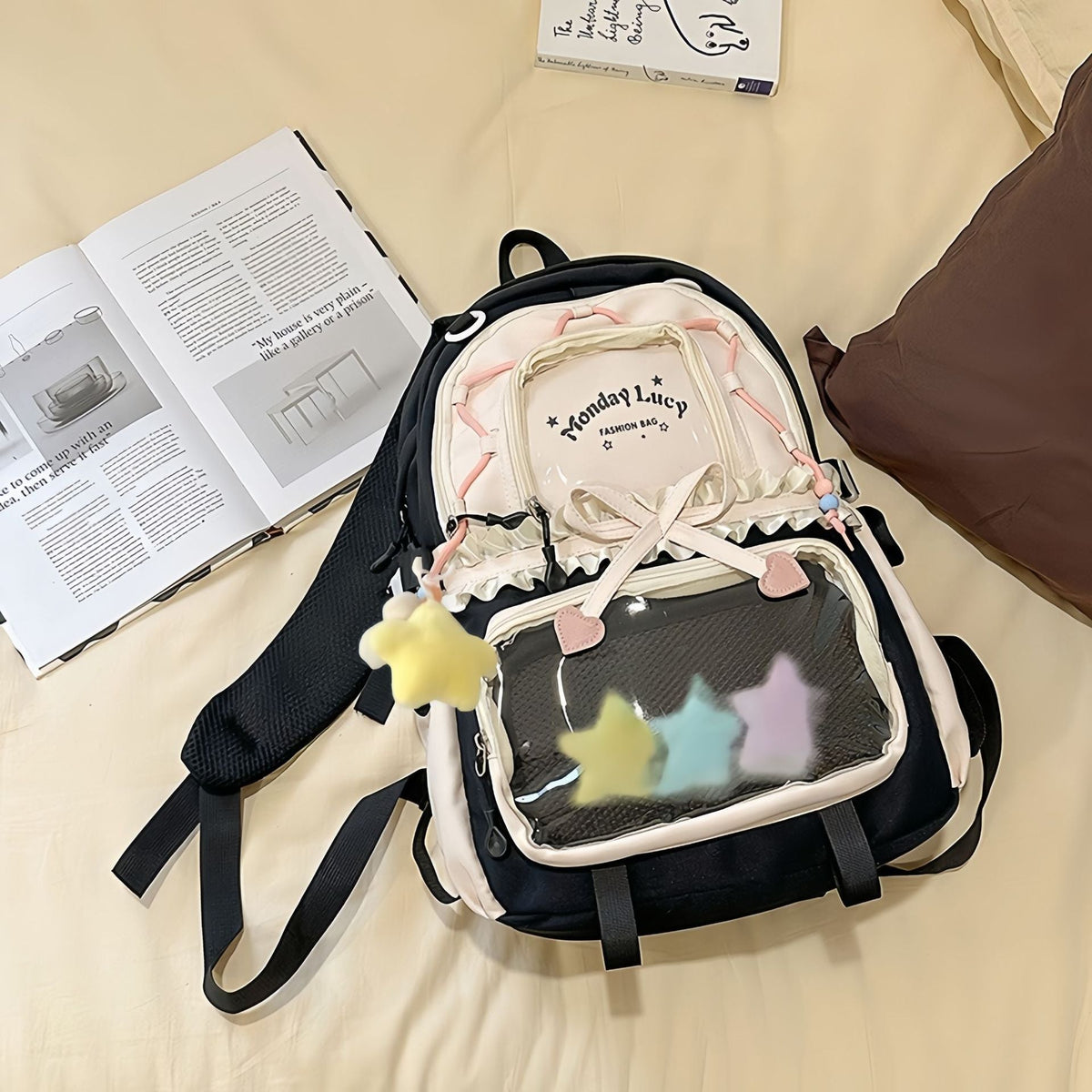 New Style Schoolbag Women's High Color Value Contrast College Style Junior Senior high school Student Backpack Ballet Style Pleated Lace Pain Bag