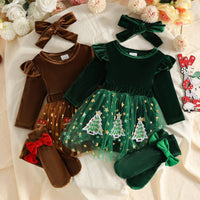 2026 European and American Infant Christmas Dress, Smooth Velvet Fabric, Long Sleeve Mesh Patchwork Dress, Socks, Headscarf