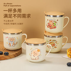 304 Stainless Steel Kidsren's Water Cup Cartoon with Handle Kindergarten Student Drinking Cup Milk Cup with Lid Double-Layer Cup
