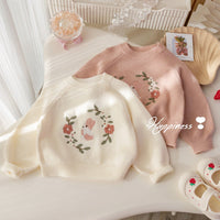 Girls' Cute Bunny Embroidered Sweater, New Spring and Autumn Style, Sweet and Versatile Pullover Knitwear, Baby Girl Autumn Top