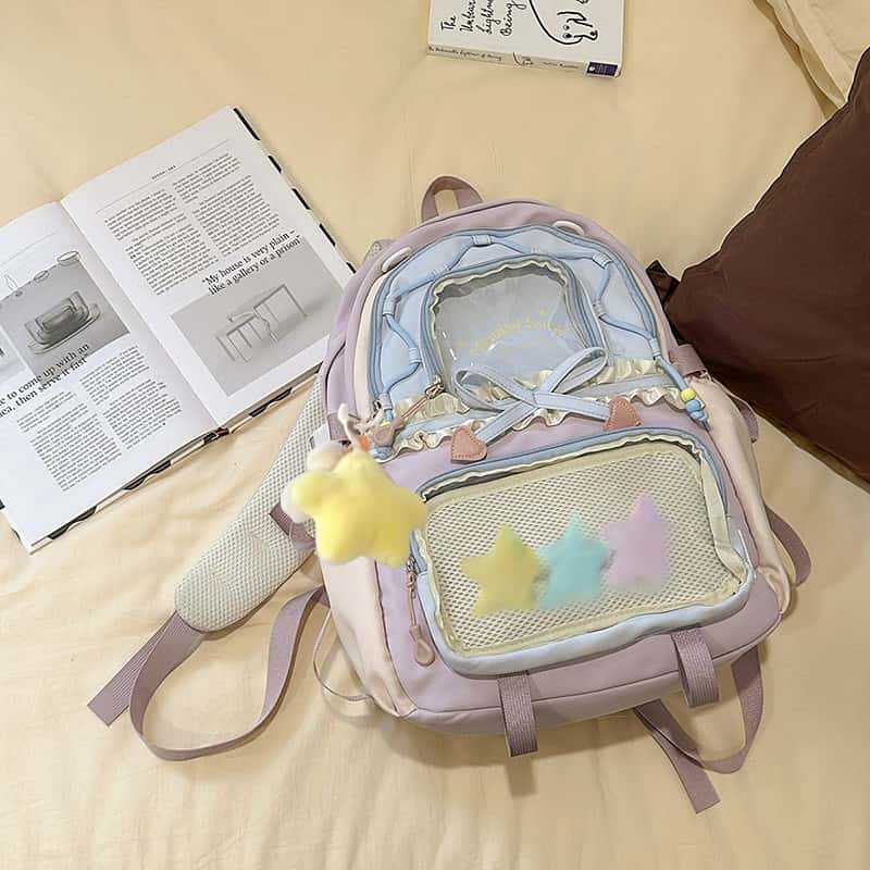 New Style Schoolbag Women's High Color Value Contrast College Style Junior Senior high school Student Backpack Ballet Style Pleated Lace Pain Bag
