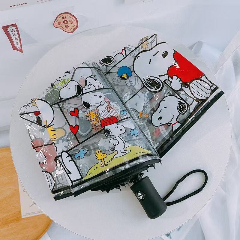 Transparent Snoopy Umbrella for Men, Three-Fold, Fully Automatic, Popular Straight Handle Umbrella, Cute Folding Umbrella for Children, Adults, and Women (Anime Style)