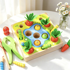 Children's simulation fishing insect-catching and radish-pulling multifunctional desktop game puzzle early education parent-child interactive wooden toy