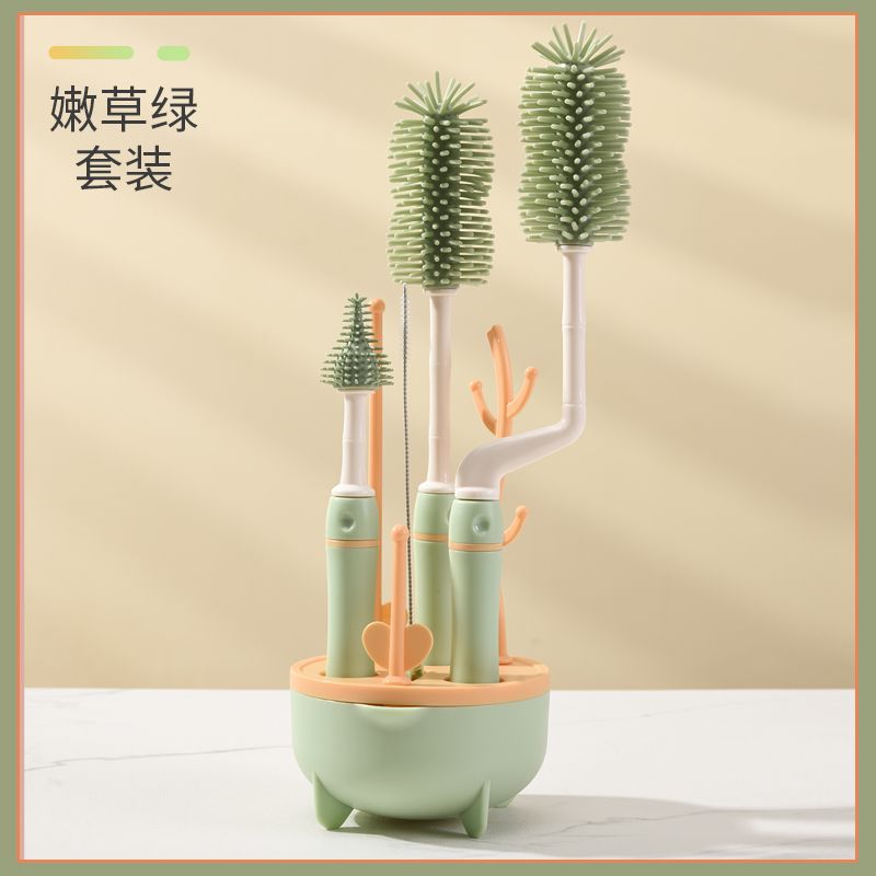 Baby-Specific Silicone Bottle Brush Three-Color Long-Handled Cleaning Brush Combination 360-Degree Rotating Cleaning Bottle Brush Set