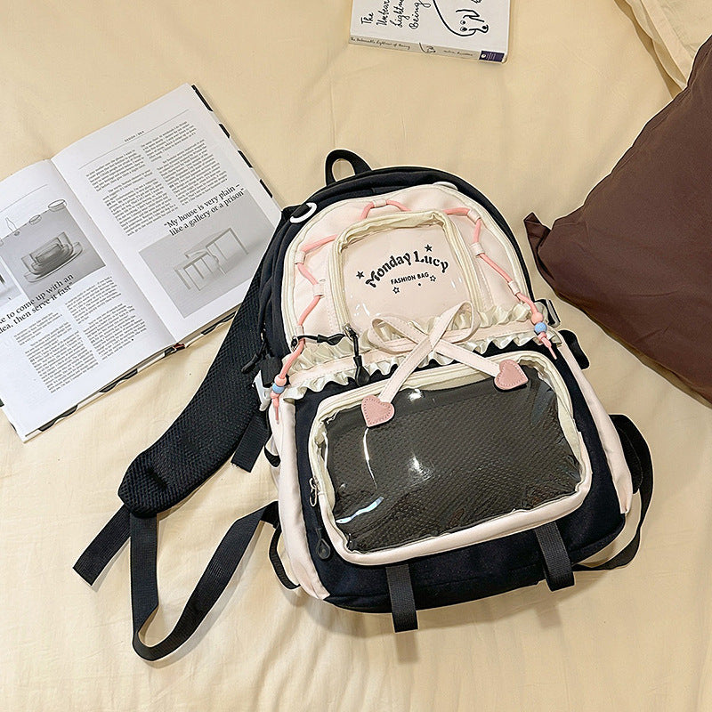 New Style Schoolbag Women's High Color Value Contrast College Style Junior Senior high school Student Backpack Ballet Style Pleated Lace Pain Bag