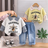 Free shipping for 1-4 year old babies: Korean-style autumn outfit with plaid patchwork, cartoon bear sweatshirt, and denim pants two-piece set
