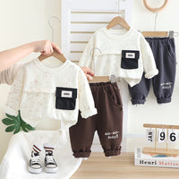 Spring new Korean children's clothing boys pocket round neck long sleeve children's suit 0-5 years old two-piece children's clothes