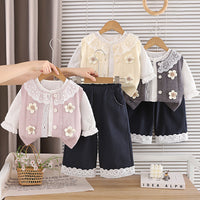 2026 New Girls' Spring and Autumn Outfit, Stylish Baby Fall Three-Piece Set with 3D Flower Sweater, Trendy Wholesale for Infants and Children