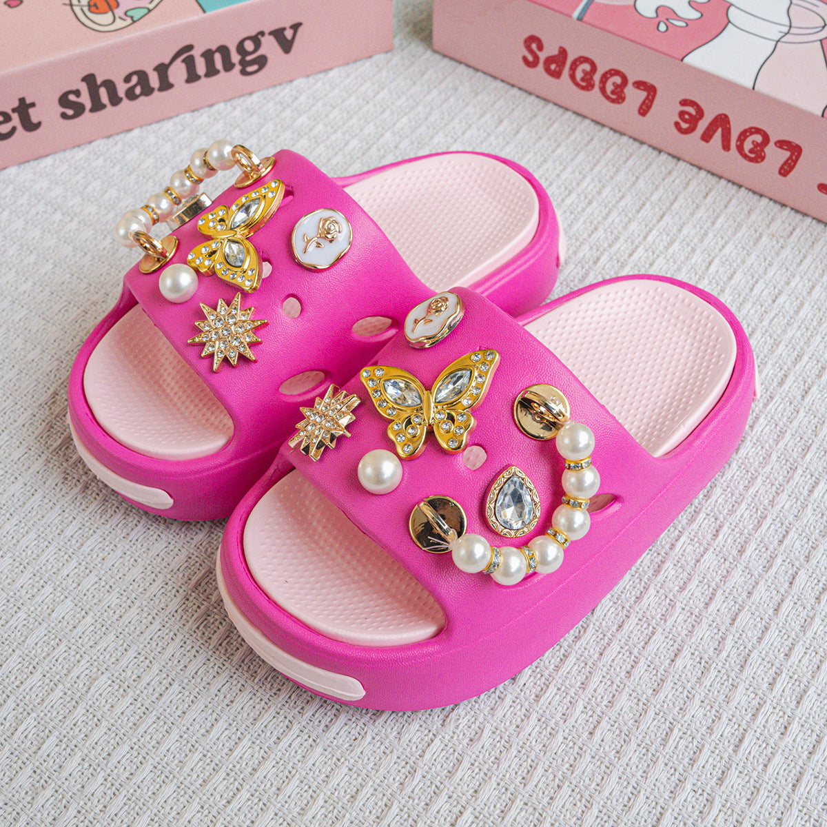 Eva Kidsren's Slippers Summer Outer Wear Pearl Gold Butterfly Sandals Girls Baby Beach Slippers