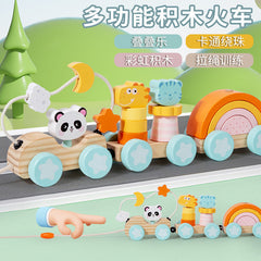 Children's Wooden Animal Three-Section Pull-Along Train Early Education Multifunctional Stacking Toy with Matching Pairs and Educational Features