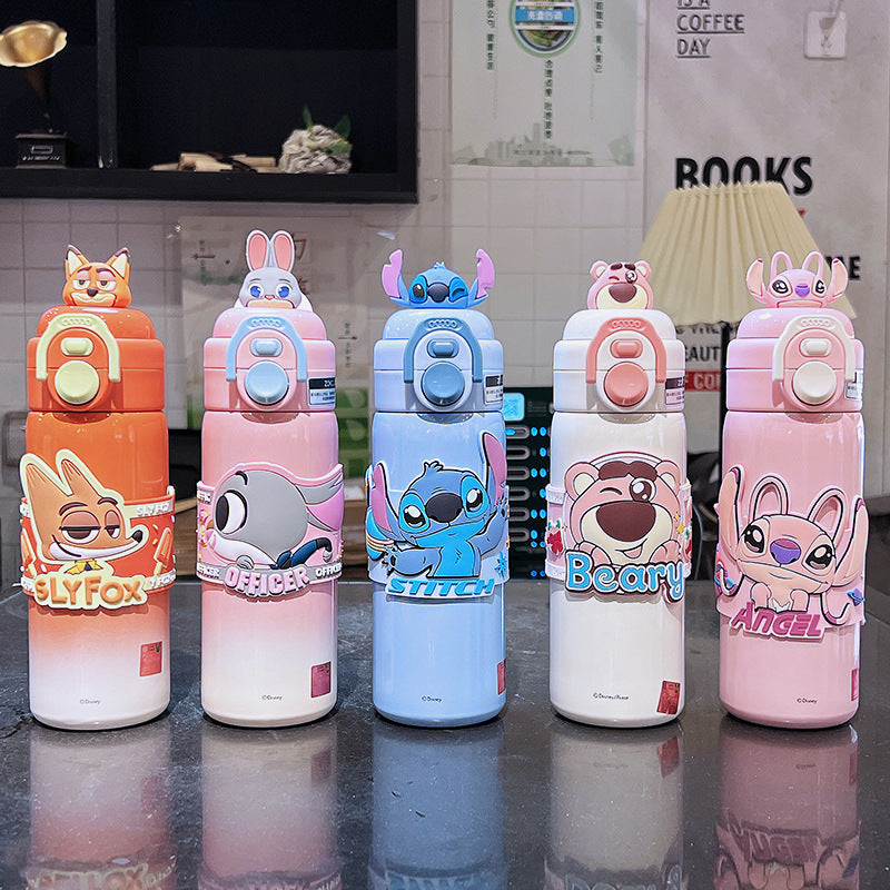 Nick Kidsren's Double-Drink Thermos Cup for Girls 316 Stainless Steel Portable Straw Cup for Primary School Students to Go to School Anti-Fall Water Kettle