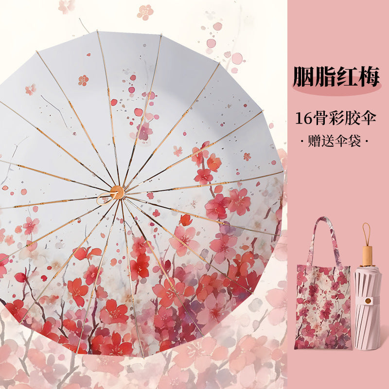 Vintage High-Appearance Student Manual  Three-Fold 16-Rib Sun Protection Uv-Resistant Dual-Use Umbrella for Sun and Rain, Foldable Sunshade Umbrella for Women