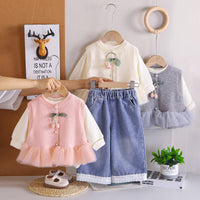 Girls' Autumn Three-Piece Set: Sweet Mesh Patchwork Sweater Vest, Lace Trim Denim Pants, Toddler Outfit
