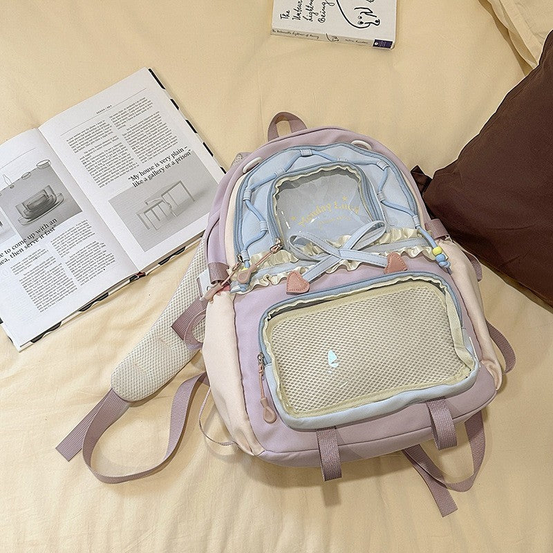 New Style Schoolbag Women's High Color Value Contrast College Style Junior Senior high school Student Backpack Ballet Style Pleated Lace Pain Bag