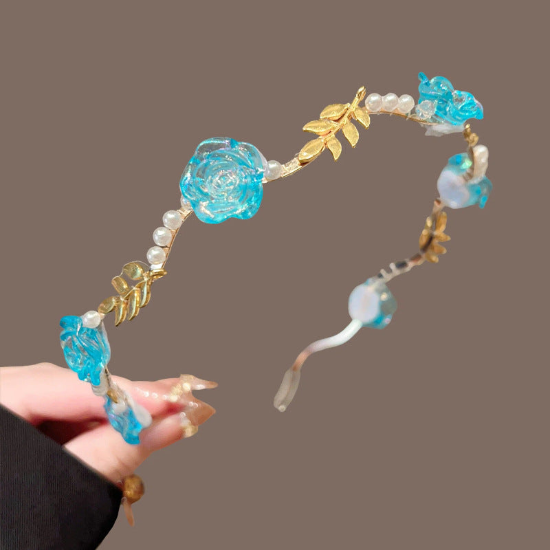 Light Luxury Rose Presspressed Hair Hoop Internet Popular Women's Mori Style Fairy Beauty Pearl Flower Thin Head Hoop Flocking Cheongsam Bridal Headwear