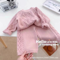 Girls' Korean-style Sweater suit Autumn and Winter New Children's Western-style Solid Color Knitted Pullover Crochet Trousers Two-piece Set
