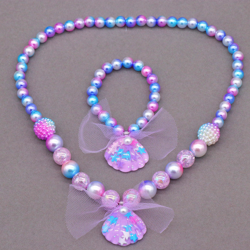 Children's Princess Necklace Bracelet Jewelry Set Mermaid Shell Imitation Pearl Necklace Little Girl Swimsuit Accessories