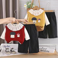 Girls' Korean-style autumn outfit set, baby 2026 new spring and autumn stylish mushroom sweater vest three-piece set wholesale