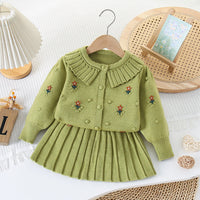 Children's Sweater Dress Small Flower Double Collar Knitted Two-Piece Set Women's Autumn and Winter New Korean Style Western Style Round Neck Sweater Dress