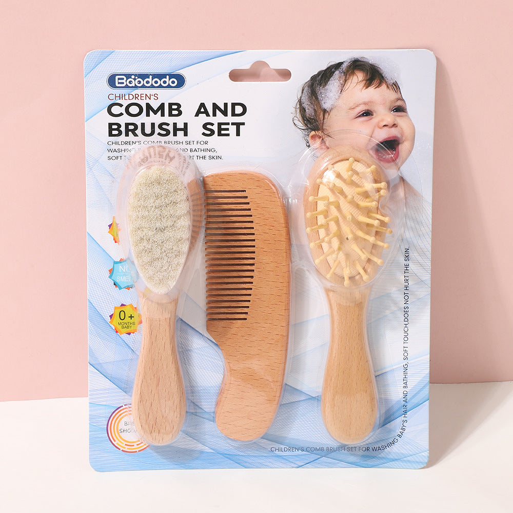 Wool Baby Brush Set Newborn Baby Scalp Cleaning Soft Hair Shampoo Brush Beech Wood Comb Brush Three-Piece Set
