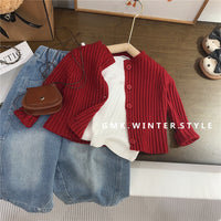Children's Fashionable and Sweet Cardigan New Korean Style Baby Girl Autum Red Elegant Long-Sleeved Knitted Jacket Trendy Export