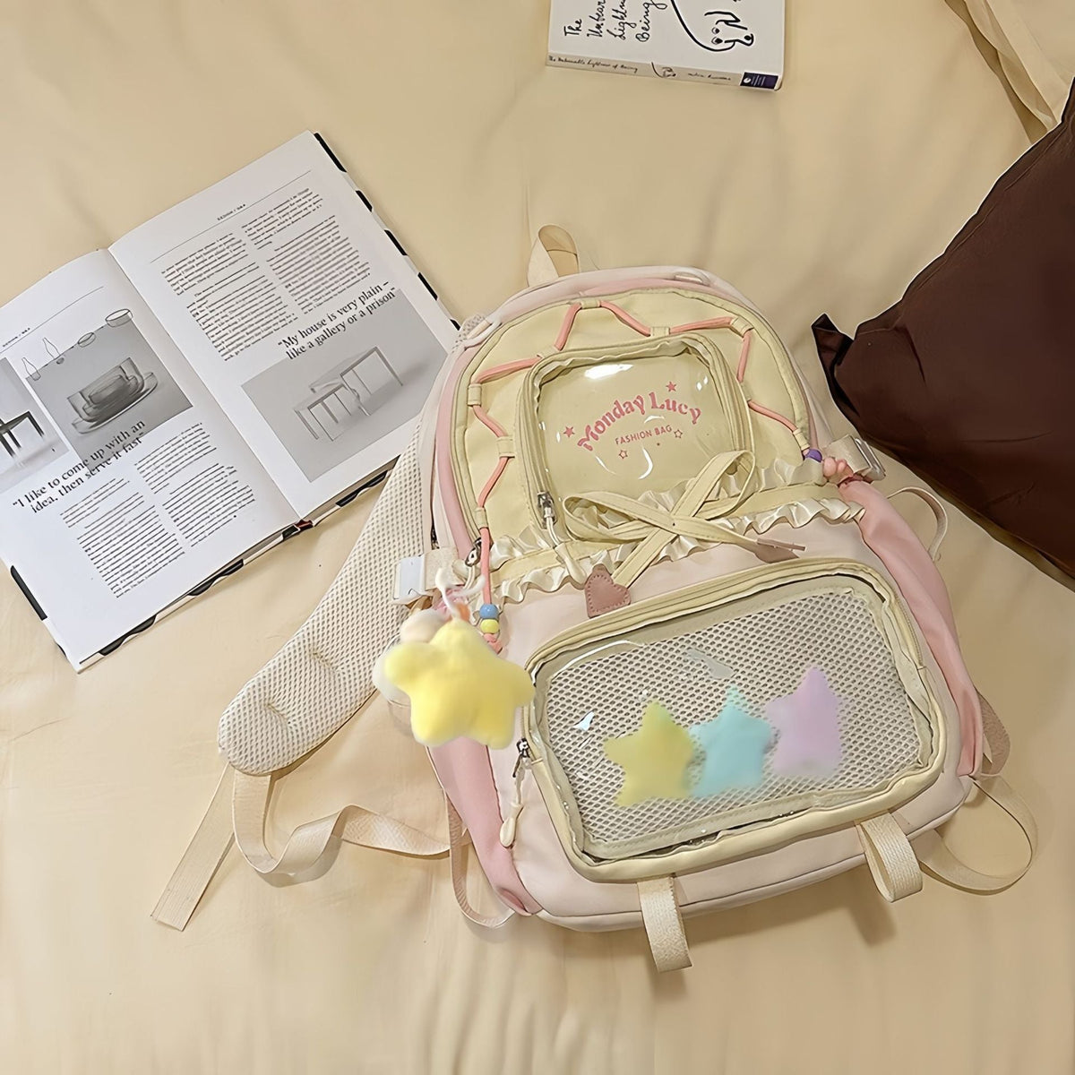 New Style Schoolbag Women's High Color Value Contrast College Style Junior Senior high school Student Backpack Ballet Style Pleated Lace Pain Bag