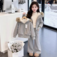 Girls' Winter Outfit with Thick Fleece Hooded Jacket and Pants Two-Piece Set 2025 New Korean Style Trendy Set for Older Children