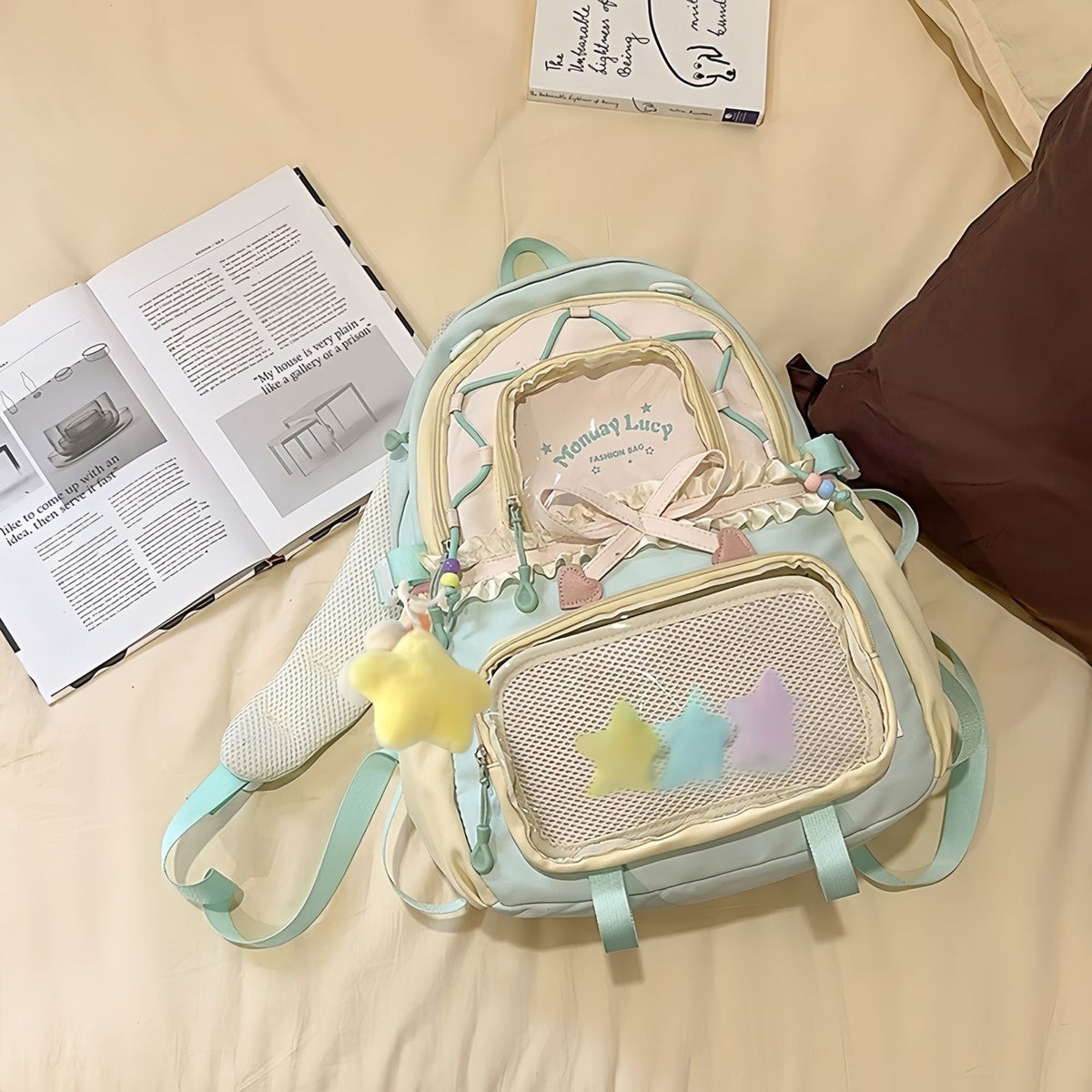 New Style Schoolbag Women's High Color Value Contrast College Style Junior Senior high school Student Backpack Ballet Style Pleated Lace Pain Bag