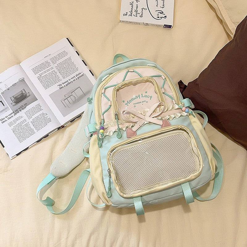 New Style Schoolbag Women's High Color Value Contrast College Style Junior Senior high school Student Backpack Ballet Style Pleated Lace Pain Bag