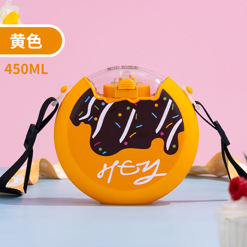 Cute Donut Water Cup Anti-Fall Silicone Straw Cup Children and Students Cross-Body Strap Plastic Cup Gift Kettle Wholesale