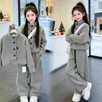 Girls' Korean-Style Stand-Collar Jacket and Wide-Leg Pants Two-Piece Set for Older Children, New Spring and Autumn Color-Block Striped Sweatshirt and Pants Set