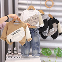 Boys' Spring and Autumn Children's Outfit 2026 New Stylish Baby Color-Block Pocket Long-Sleeve Sweatshirt Two-Piece Set Wholesale