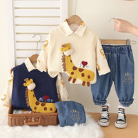 Free Shipping Boys Spring & Fall Clothing Set New Giraffe Sweater Vest Three-Piece Set 1-5 Years Old Baby Fashionable Children's Clothing