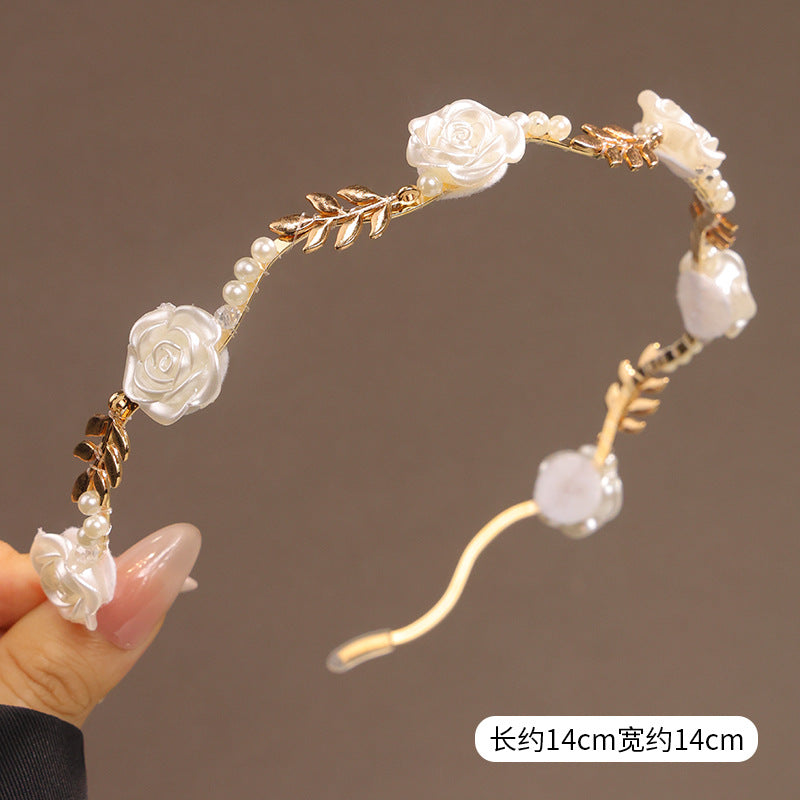 Light Luxury Rose Presspressed Hair Hoop Internet Popular Women's Mori Style Fairy Beauty Pearl Flower Thin Head Hoop Flocking Cheongsam Bridal Headwear