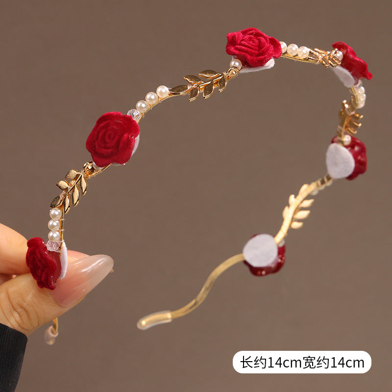 Light Luxury Rose Presspressed Hair Hoop Internet Popular Women's Mori Style Fairy Beauty Pearl Flower Thin Head Hoop Flocking Cheongsam Bridal Headwear