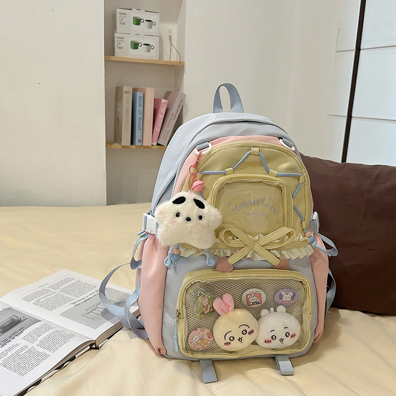 New Style Schoolbag Women's High Color Value Contrast College Style Junior Senior high school Student Backpack Ballet Style Pleated Lace Pain Bag