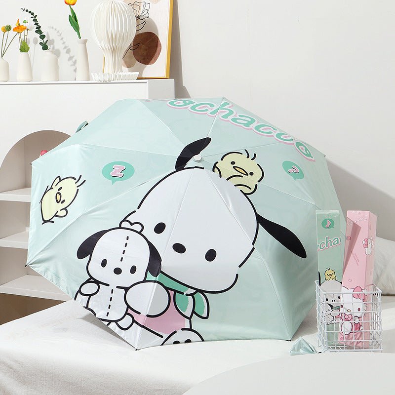 Sanrio official cute cartoon tri-fold automatic umbrella gift box, dual-use for sunny and rainy days, rainproof and sunshade, high-value and adorable.